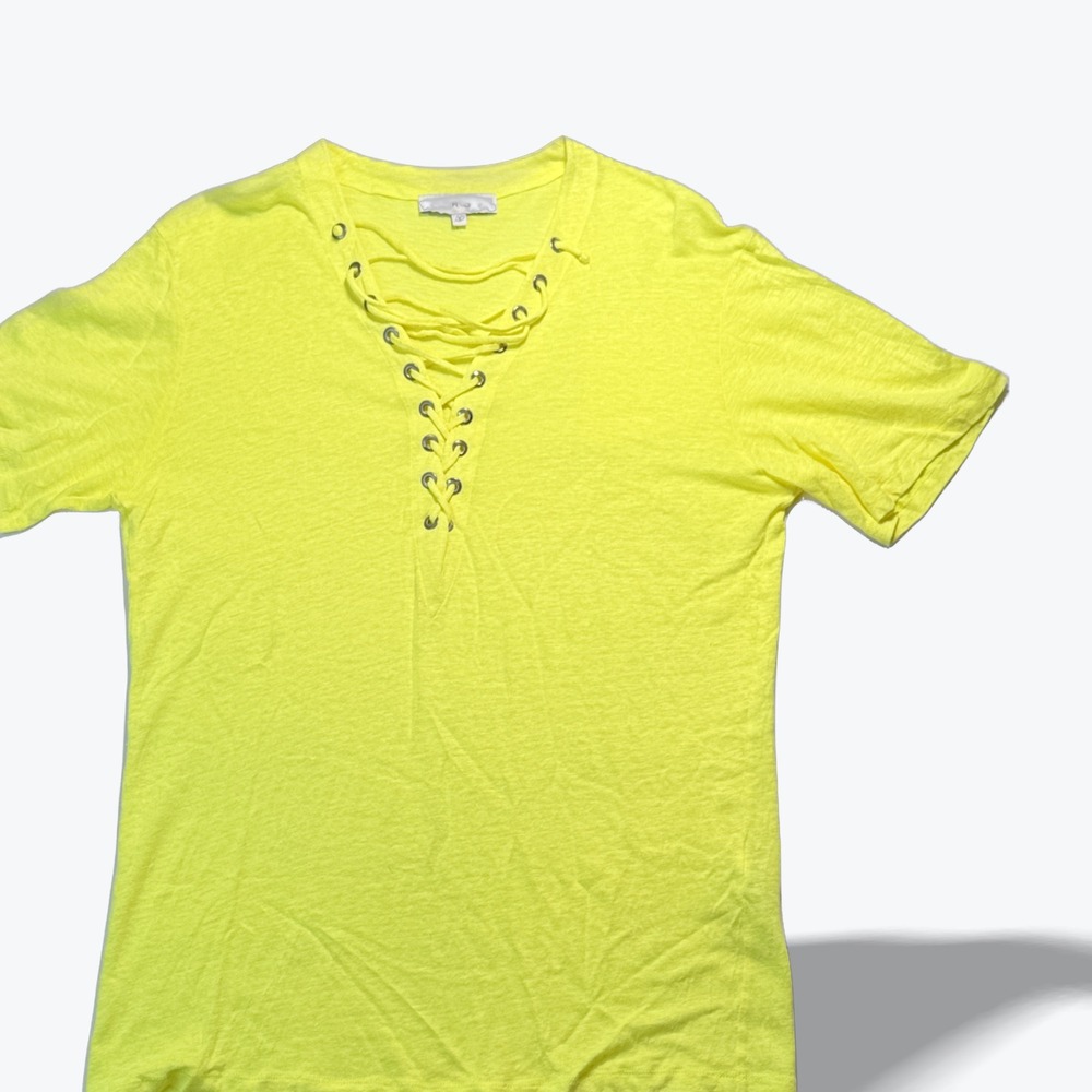 IRO Lace Up Tee Neon Yellow Linen Short Sleeve Shirt Womens Small Made Portugal